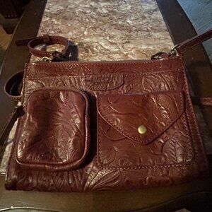 American Leather Co Embossed Genuine Brown Leather Crossbody Shoulder Bag